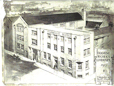 Historic illustration of the Diamine Works factory in Liverpool, 1925, showing the exterior of the ink manufacturing building on Tariff Street.