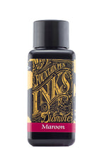 A bottle of 30ml Diamine Maroon fountain pen ink, in front of a white background.