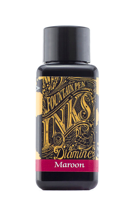 A bottle of 30ml Diamine Maroon fountain pen ink, in front of a white background.