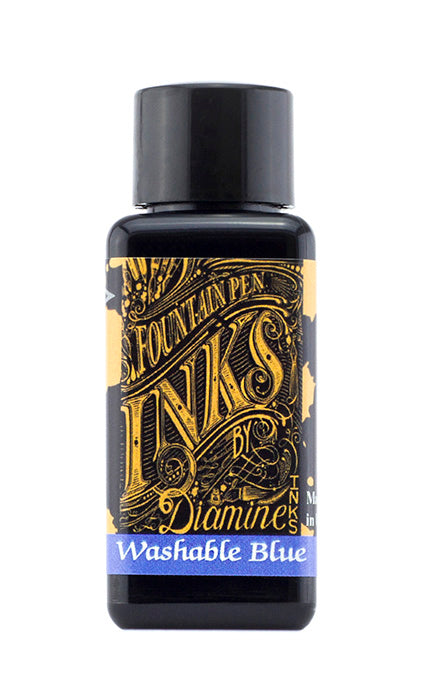 A bottle of 30ml Diamine Washable Blue fountain pen ink, in front of a white background.