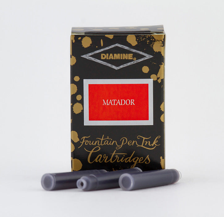 A packet of 18 Diamine fountain pen ink cartridges in Matador, in front of a white background.