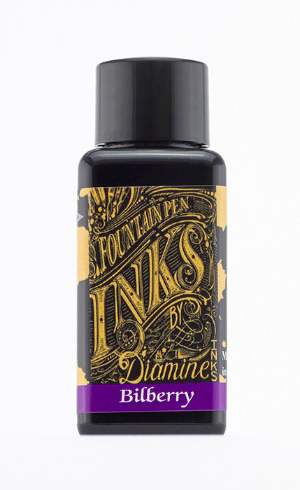 A bottle of 30ml Diamine Bilberry fountain pen ink, in front of a white background.