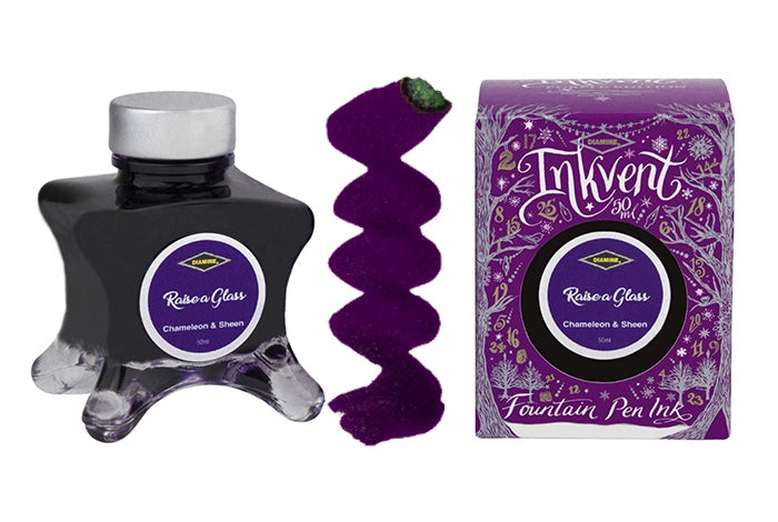 A glass bottle of 50ml Diamine Purple Edition Inkvent Raise A Glass chameleon fountain pen ink next to colour swatch and its packaging box, in front of a white background.