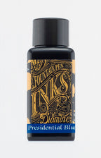 A bottle of 30ml Diamine Presidential Blue fountain pen ink, in front of a white background.