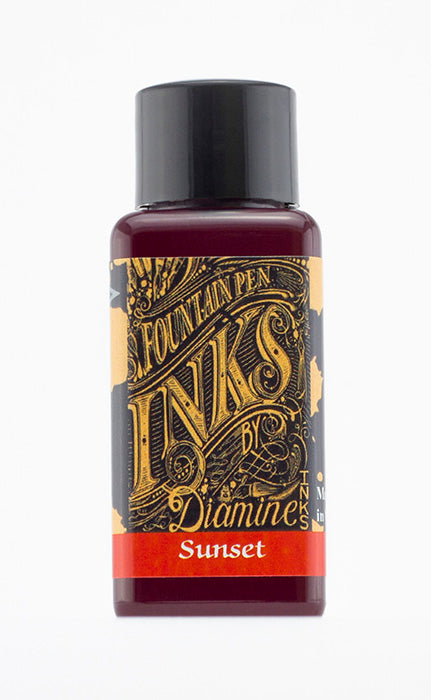 A bottle of 30ml Diamine Sunset fountain pen ink, in front of a white background.