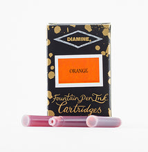Load image into Gallery viewer, A packet of 18 Diamine fountain pen ink cartridges in Orange, in front of a white background.
