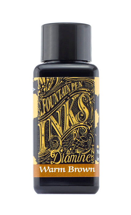 A bottle of 30ml Diamine Warm Brown fountain pen ink, in front of a white background.