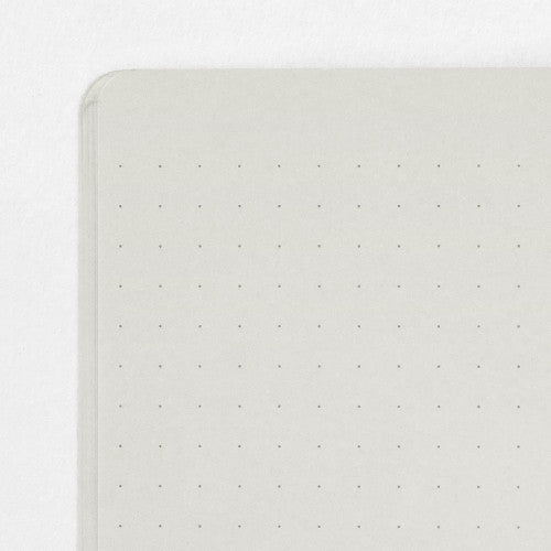 Single Midori A5 grey notebook with colour dot grid pages on a plain background.