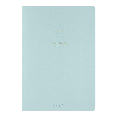 Single Midori A5 blue notebook with colour dot grid pages on a plain background.