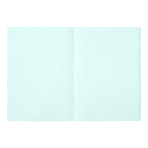 Single Midori A5 blue notebook with colour dot grid pages on a plain background.