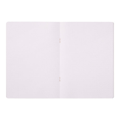 Single Midori A5 purple notebook with colour dot grid pages on a plain background.