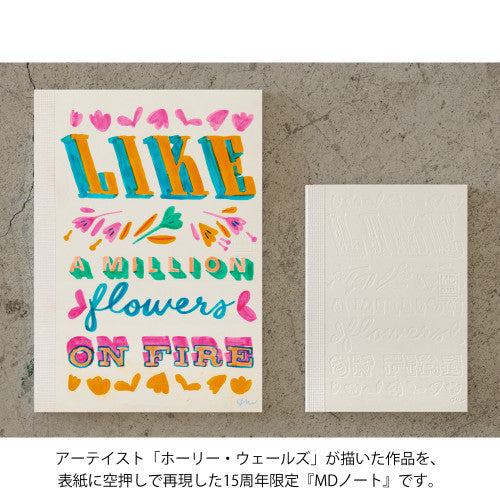 Inspiration for the 15th anniversary limited edition MD Notebook with embossed Holly Wales design, on a concrete background.