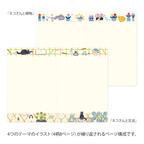 Single Midori B6 Yuru Log Book Cat edition showing inside illustrations.