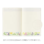 Open Midori Yuru notebook with floral illustrations on each page.