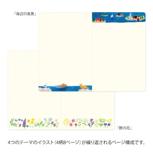 Open Midori Yuru notebook with floral illustrations on each page.