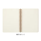 Open Dark Red MD Midori notebook with gold wire binding on a white background