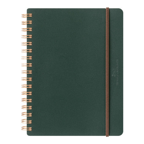 Dark Green MD Midori notebook with gold wire binding on a white background.