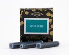 A packet of 6 Diamine fountain pen ink cartridges in Steel Blue, in front of a white background.