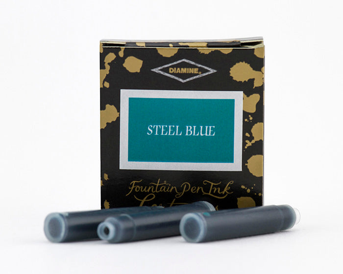 A packet of 6 Diamine fountain pen ink cartridges in Steel Blue, in front of a white background.