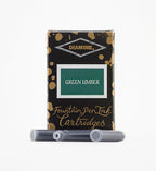 A packet of 18 Diamine fountain pen ink cartridges in Green Umber, in front of a white background.