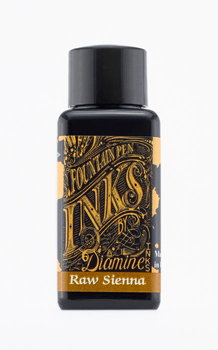 A bottle of 30ml Diamine Raw Sienna fountain pen ink, in front of a white background.