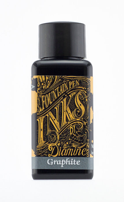A bottle of 30ml Diamine Graphite fountain pen ink, in front of a white background.