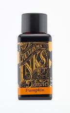 A bottle of 30ml Diamine Pumpkin fountain pen ink, in front of a white background.