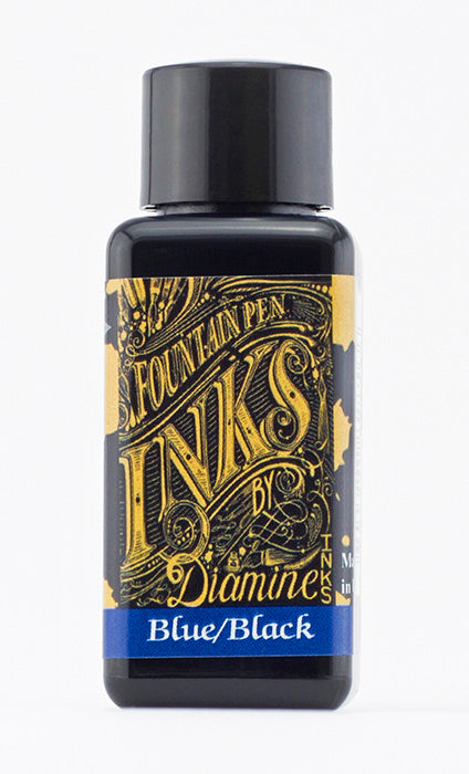 A bottle of 30ml Diamine Blue Black fountain pen ink, in front of a white background.