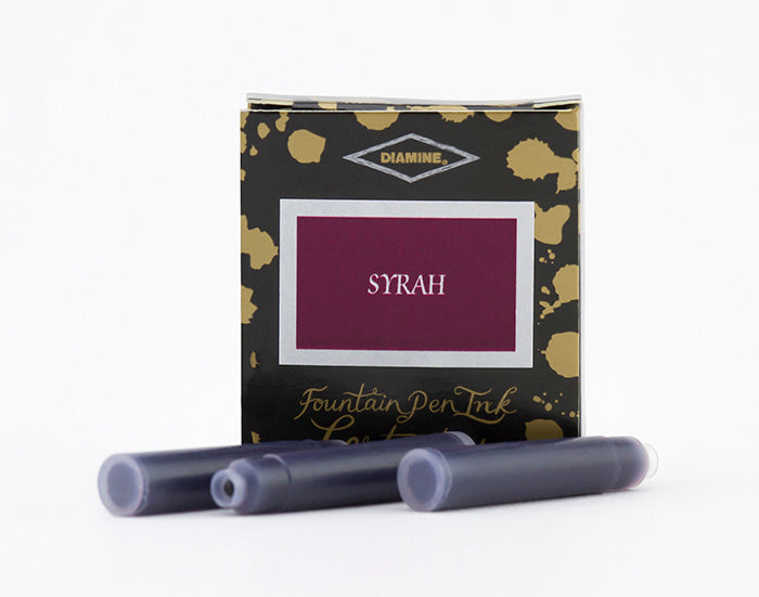 A packet of 6 Diamine fountain pen ink cartridges in Syrah, in front of a white background.