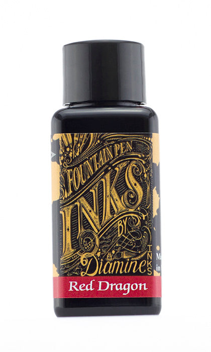 A bottle of 30ml Diamine Red Dragon fountain pen ink, in front of a white background.
