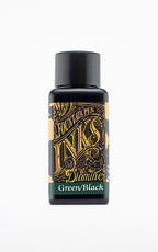 A bottle of 30ml Diamine Green Black fountain pen ink, in front of a white background.
