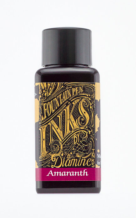 A bottle of 30ml Diamine Amaranth fountain pen ink, in front of a white background.