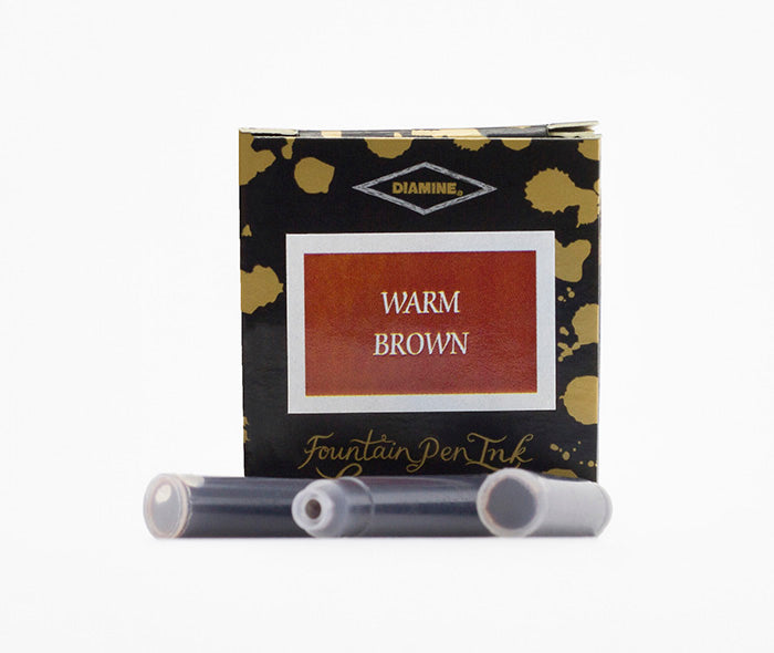 A packet of 6 Diamine fountain pen ink cartridges in Warm Brown, in front of a white background.