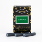 A packet of 18 Diamine fountain pen ink cartridges in Ultra Green, in front of a white background.