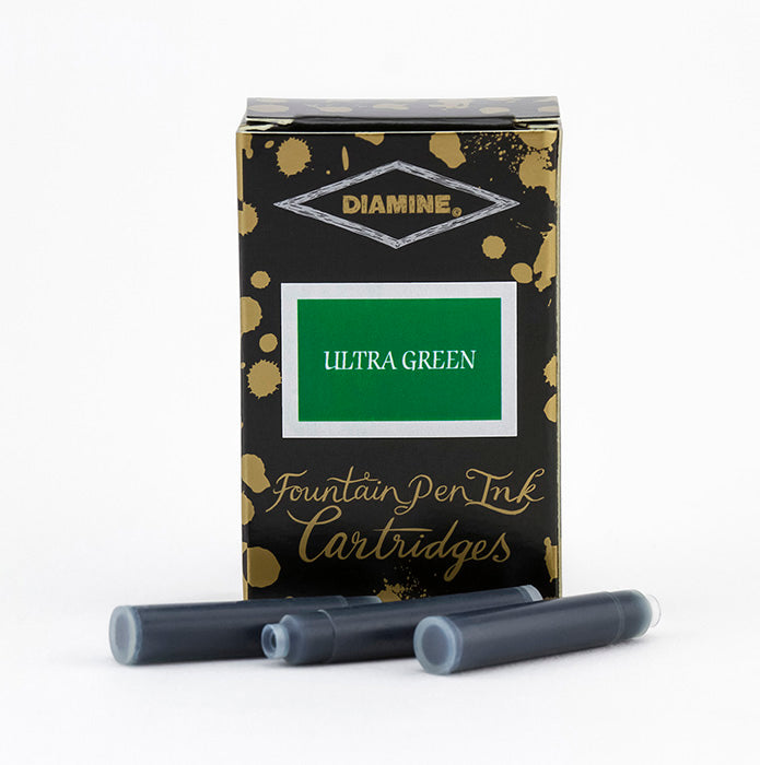 A packet of 18 Diamine fountain pen ink cartridges in Ultra Green, in front of a white background.
