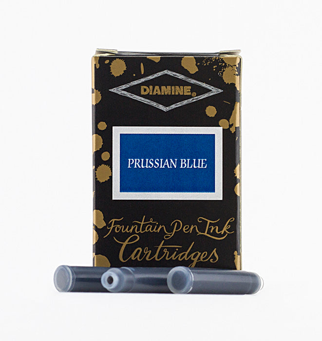 A packet of 18 Diamine fountain pen ink cartridges in Prussian Blue, in front of a white background.