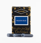 A packet of 18 Diamine fountain pen ink cartridges in Prussian Blue, in front of a white background.