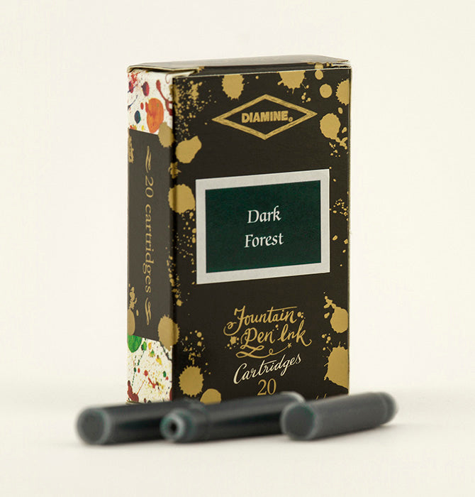 A packet of 20 Diamine 150th Anniversary fountain pen ink cartridges in Dark Forest, in front of a white background.