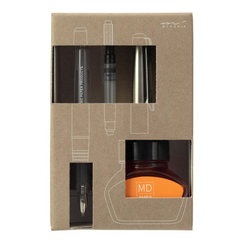 Midori Fountain Pen gift set with orange ink in packaging on white background.