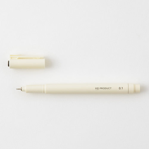 MD drawing pen with cap off on a white background.