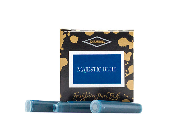 A packet of 6 Diamine fountain pen ink cartridges in Majestic Blue, in front of a white background.