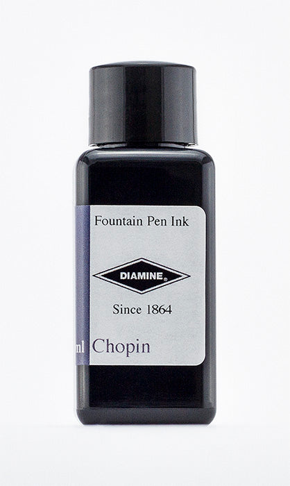 A bottle of 30ml Diamine Chopin fountain pen ink, in front of a white background.