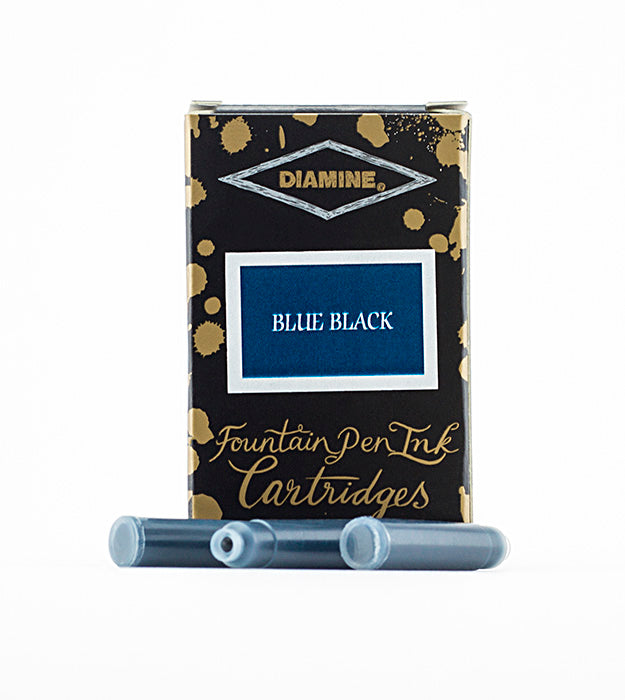 A packet of 18 Diamine fountain pen ink cartridges in Blue Black, in front of a white background.