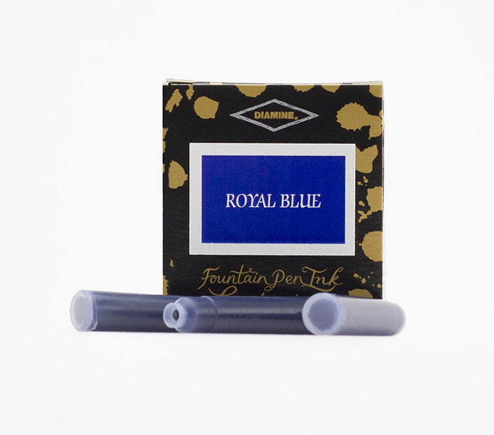 A packet of 6 Diamine fountain pen ink cartridges in Royal Blue, in front of a white background.