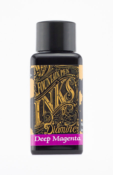 A bottle of 30ml Diamine Deep Magenta fountain pen ink, in front of a white background.