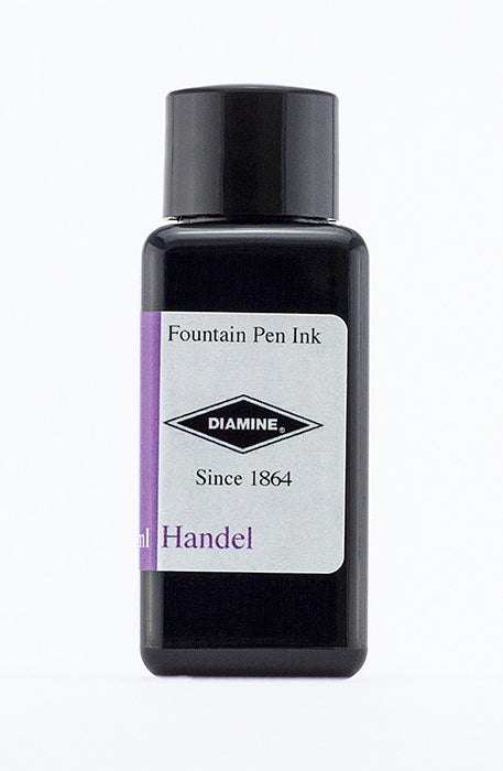 A bottle of 30ml Diamine Handel fountain pen ink, in front of a white background.