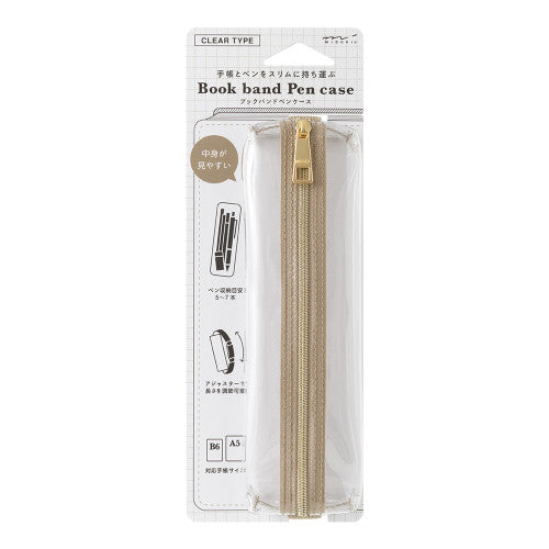 Midori Book Band Pen Case in Beige and Clear, in packaging, on a white background.