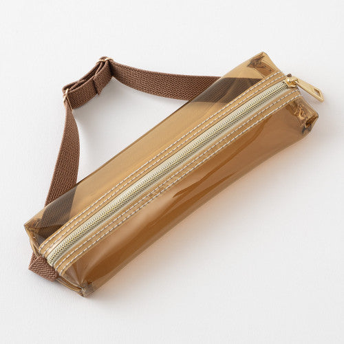 Midori Book Band Pen Case in clear brown colourway on a white background.