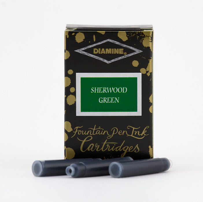 A packet of 18 Diamine fountain pen ink cartridges in Sherwood Green, in front of a white background.