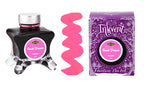 A glass bottle of 50ml Diamine Purple Edition Inkvent Sweet Dreams scented fountain pen ink next to colour swatch and its packaging box, in front of a white background.